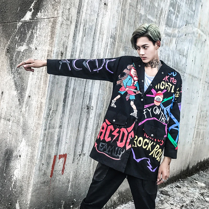 

Hip-hop Autumn And Winter Male Jacket Personality Doodle Printing Teenagers Tide Loose large size causal Men's wear Coat