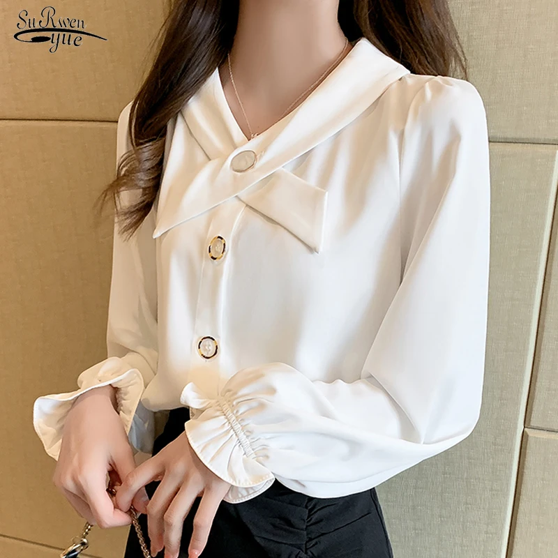 

V Neck Woman Shirt Plus Size Chiffon Blouse Women 2021 Autumn Long Sleeve White Office Lady Clothes Blusas with Button 10574