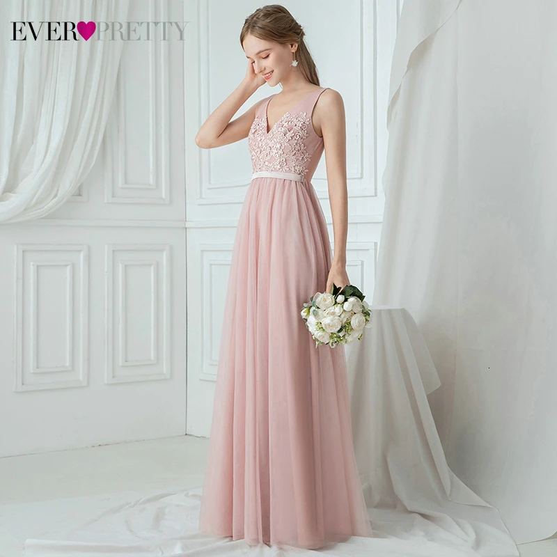 Иллюзия розовые платья подружки невесты Ever Pretty A-Line с двойным v-образным вырезом без рукавов Цветочные Аппликации Тюль Свадебные платья для гостей