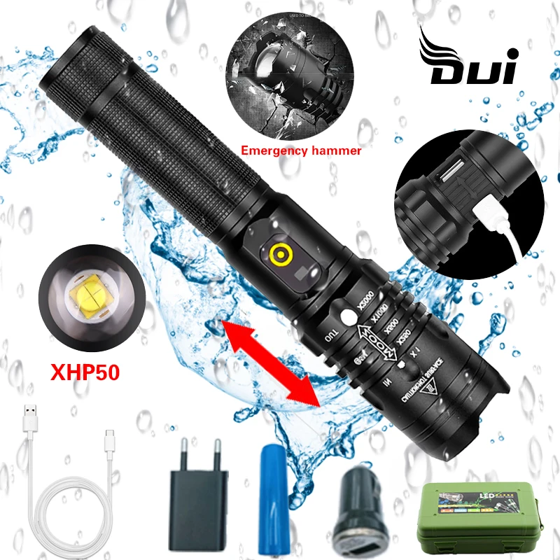 DUI USB Перезаряжаемый светодиодный фонарь для кемпинга XHP50/70 мощный flashlight 70 мм