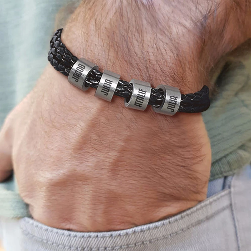 PERSONALIZED MEN BRAIDED BRACELET WITH 2 TO 5 SMALL CUSTOM STAINLESS