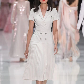 

High quality 2018 summer runway designer dress for women elegant short sleeve Double Breasted Buttons White office dress