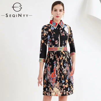 

SEQINYY Pleated Dress 2020 Summer Spring New Fashion Design 3/4 Sleeve Women Flowers Printed Vintage Knee Dress
