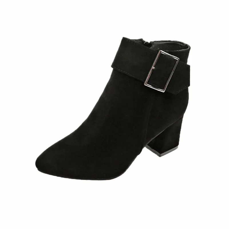 Осенне-зимняя Дамская обувь ботильоны из флока; слипоны с пряжкой; острый носок квадратный каблук Однотонная повседневная обувь; Цвет черный, коричневый, серый; Размер 35–40 - Цвет: Черный