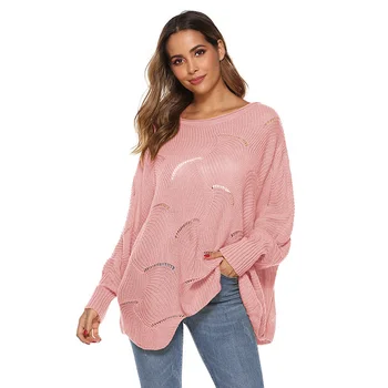 

Spring Fashion New Round Neck Long-sleeved Solid Color Openwork Pattern Sweater Loose Irregular Hem Sweater Off Season