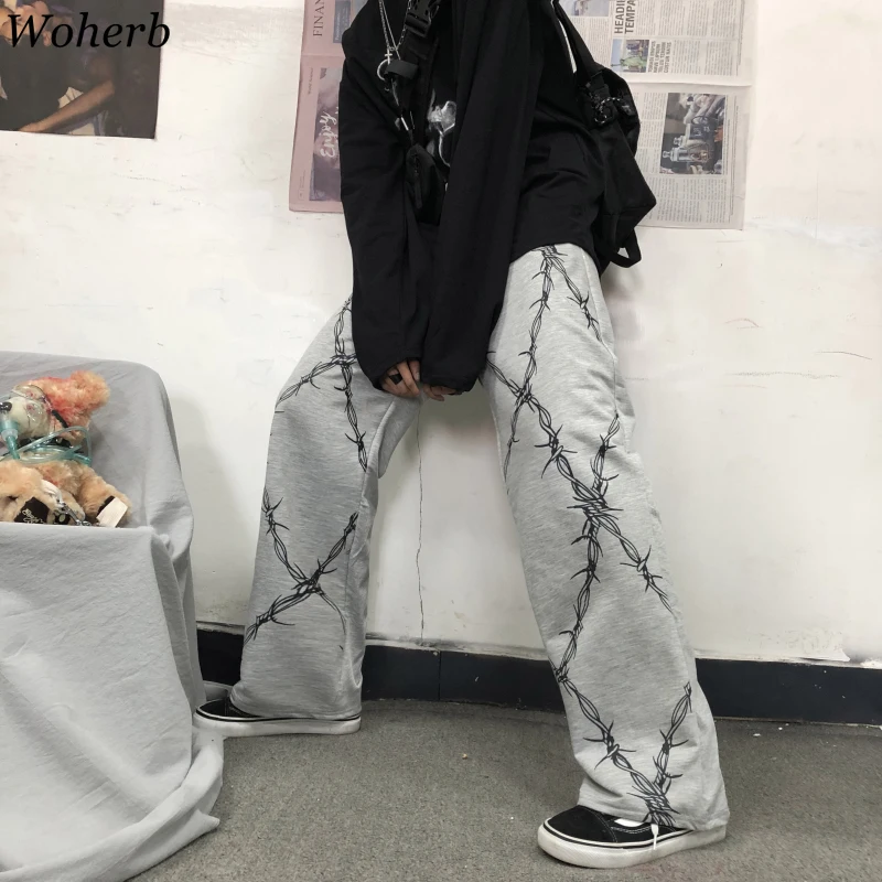 Woherb Harajuku, винтажные женские штаны с принтом, высокая талия, прямые, широкие, повседневные, свободные, корейская мода, новая уличная одежда 91089