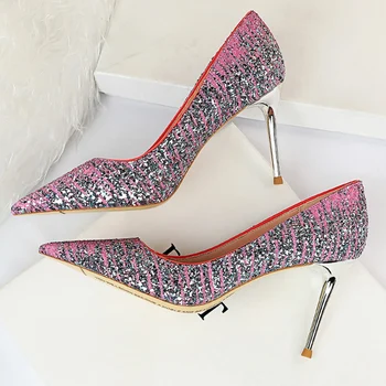 

2020 Women 8.5cm High Heels Bling Glitter Stripper Pumps Lady Wedding Bridal Purple Fetish Heels Lady Scarpins Valentine Shoes
