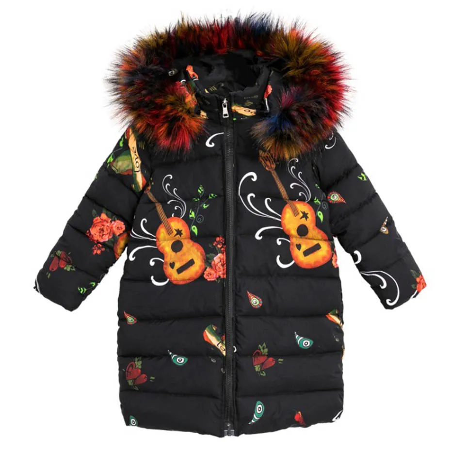 Girls Coats Fashion Print Down Jacket For Girls Big Fur Collar Parkas Kids Warm Children's Winter Clothes Christmas Streetwear