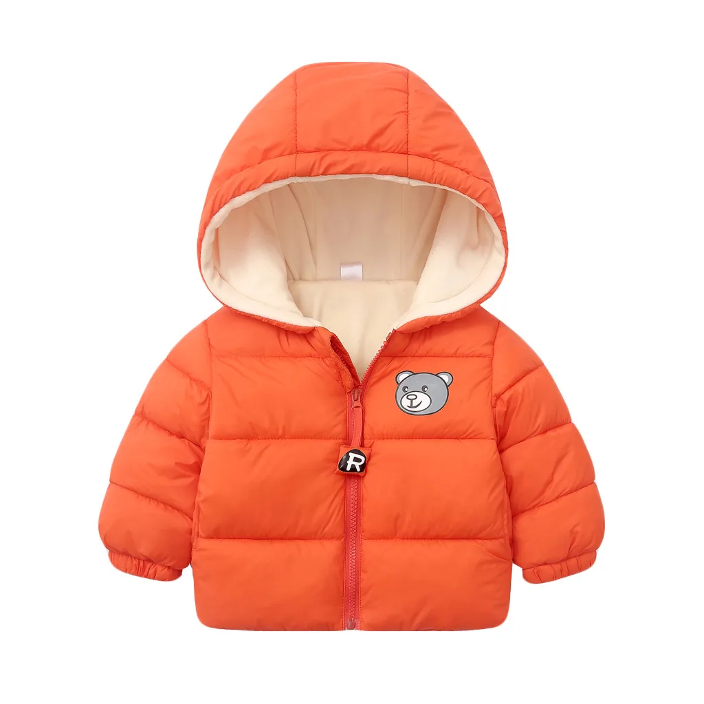 Куртка зимняя детская для мальчиков и девочек; пальто с героями мультфильмов однотонное пальто в полоску с медведем плотная куртка на молнии с медведем; зимняя верхняя одежда с капюшоном - Цвет: Orange