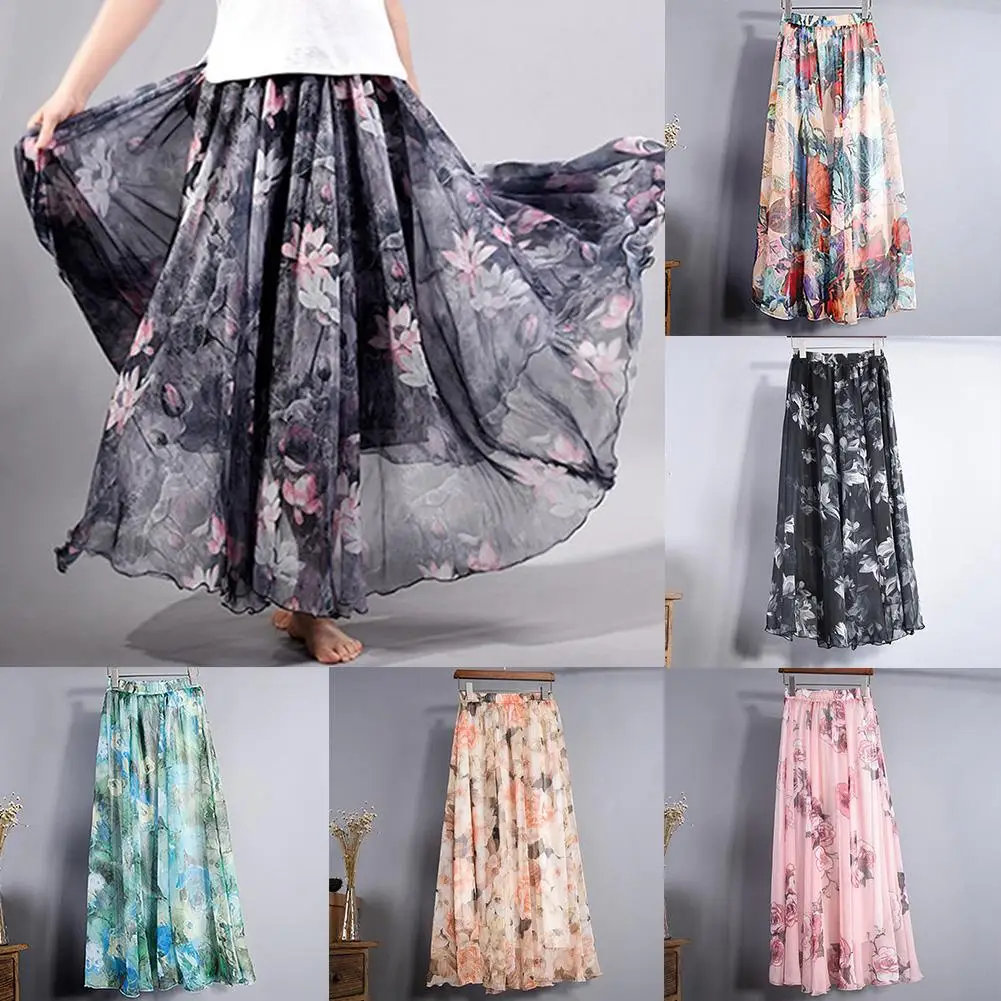 Летние модные свободные макси-юбки с цветочным принтом, пляжные вечерние платья в пол, женские повседневные платья с высокой талией