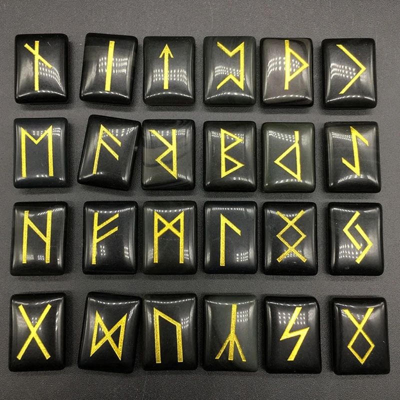 25Pcs Black Obsidian Rune Stones Set with Engraved Elder Futhark Alphabet Crystal Meditation Divination Art Witchcraft