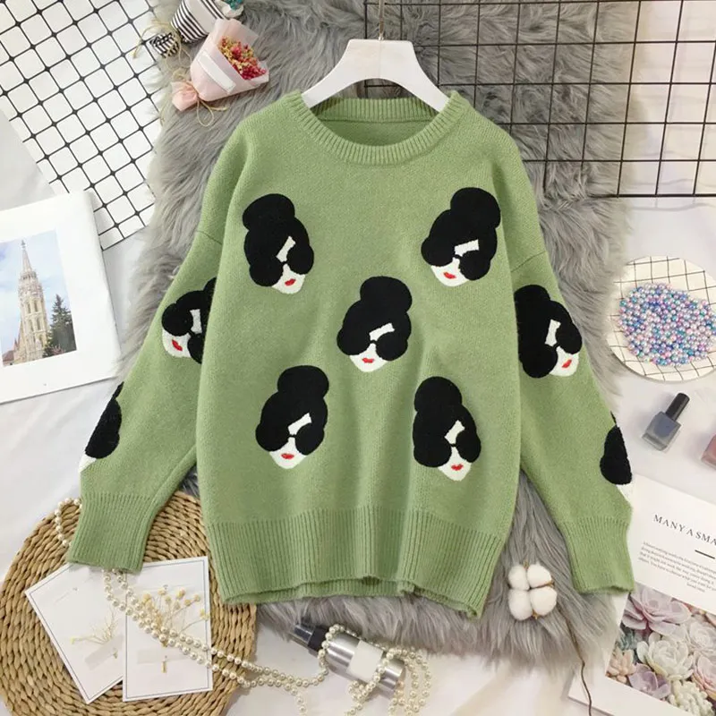 2020 Winter Knitted O-Neck Print Women's Sweaters Cartoon Human Avatar Loose Female Pullovers Fashion Warm School Ladies Sweater