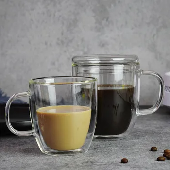 

Double Glass Water Cup with Lid Transparent Drinking Mugs Insulated Handle Drinking Glass Clear Juice Milk Coffee Cup Drinkware