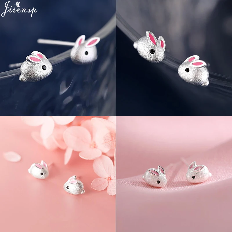 Jisensp Silver Plated Earrings Lovely Tiny Rabbit Ear Stud for Women Girls Cartoon Bunny Earring Fashion Jewelry Gift