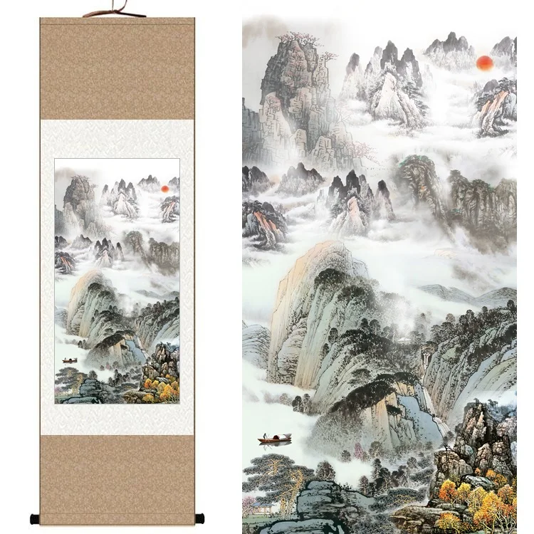 

Chinese Silk watercolor ink Landscape waterfalls sunrise cloud fog mountain rivers feng shui wall picture framed scroll painting