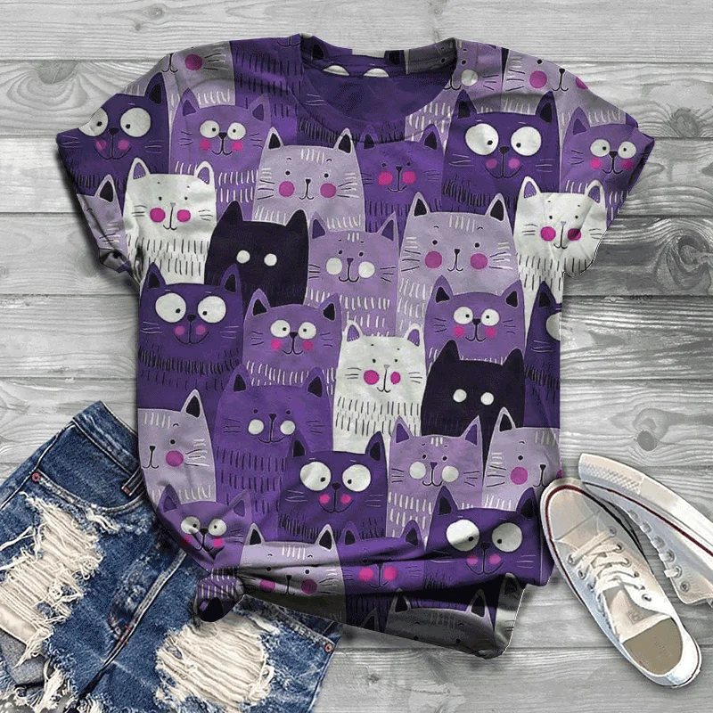 

2020 Fashion Summer Tshirt Women Short Sleeve animal cat Printed O-neck Tops cute cartoon T-shirt Top Women T Shirt