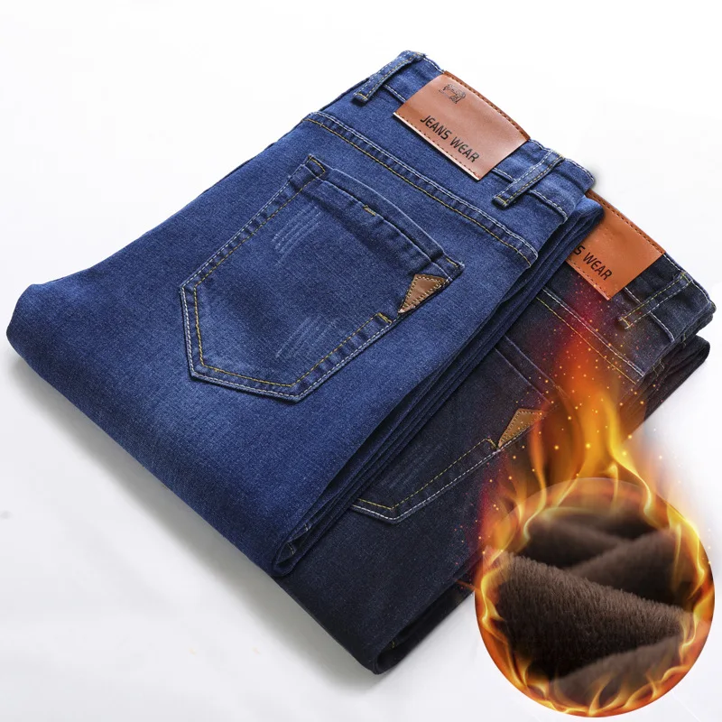 Новое поступление, мужские теплые джинсы высокого качества от известного бренда, осенне-зимние джинсы из плотного флиса, мужские джинсы, длинные брюки, джинсовые штаны