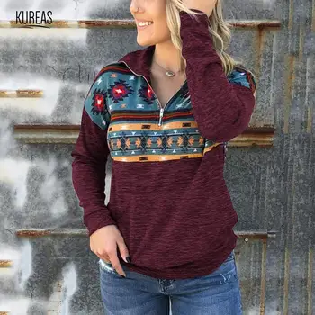 

Kureas Women Hoodies Winter Autumn National Print Sweatshirt Tops Zipper Collar Long SLeeve Ethnic Style