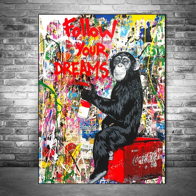 Banksy Wall Art Monkey,Follow Your Dreams Poster,Inspirational Quotes  Posters,Graffiti Canvas Painting Gorilla Poster Modern Pop Art Wall Decor  for