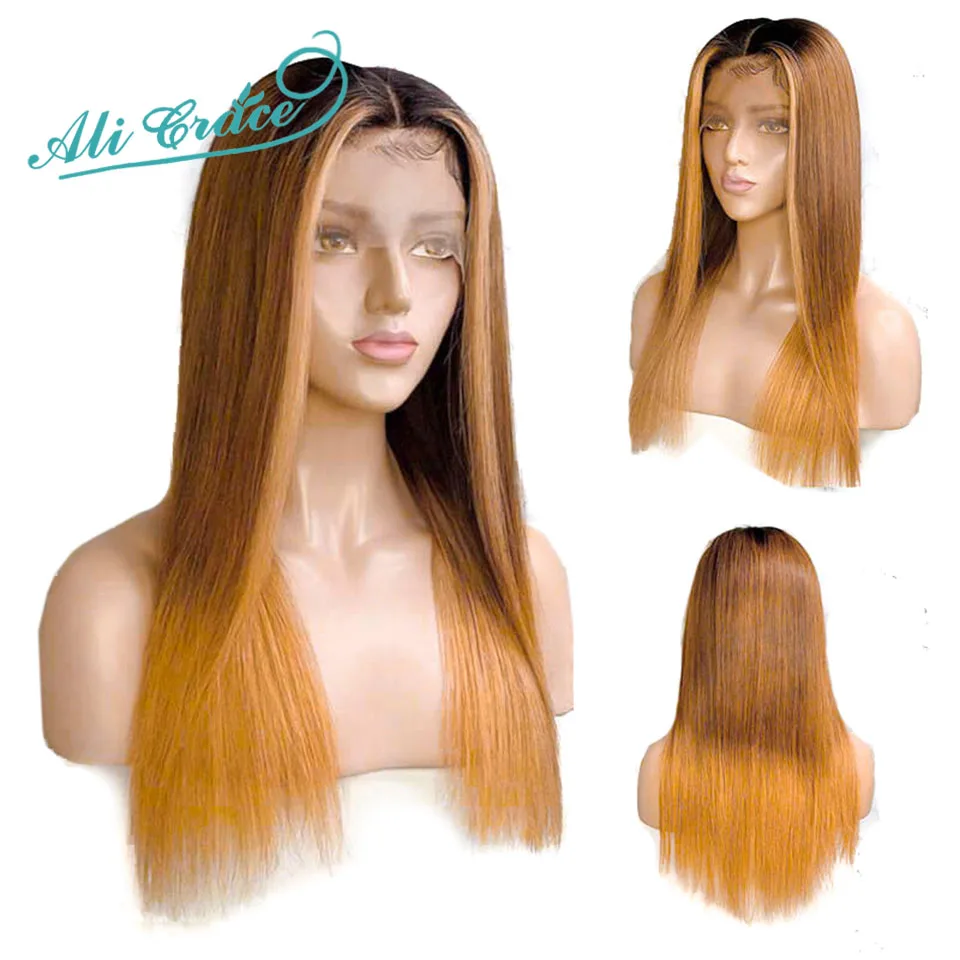 Ali Grace 13x6 эффектом деграде(переход от темного к Синтетические волосы на кружеве парики 1B/6/27 дюймов, бразильские прямые человеческие волосы для наращивания на парики предварительно выщипанные волосы с детскими волосами Волосы remy