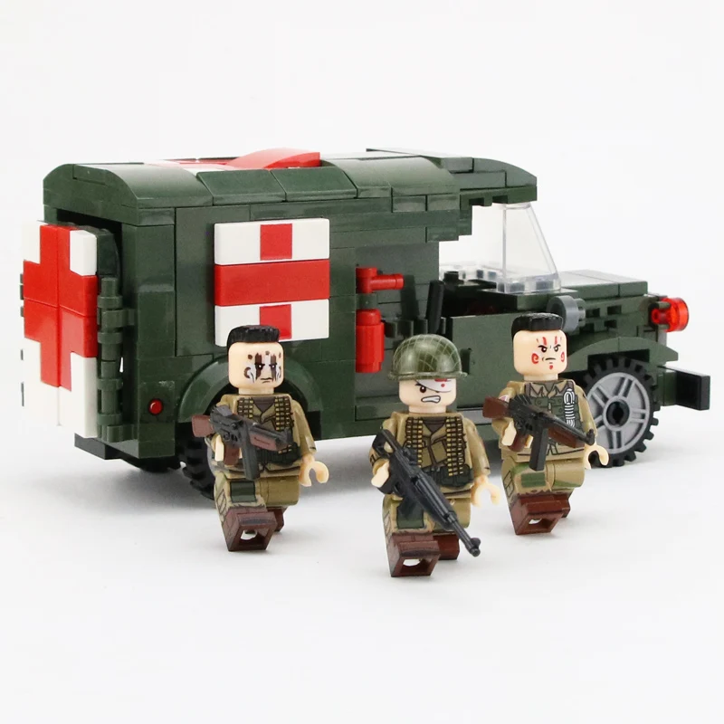 WW2 Военные солдаты, американские военные, фигурки, строительные блоки, раненный солдат, скорая помощь, оружие, детали, строительные блоки, игрушка