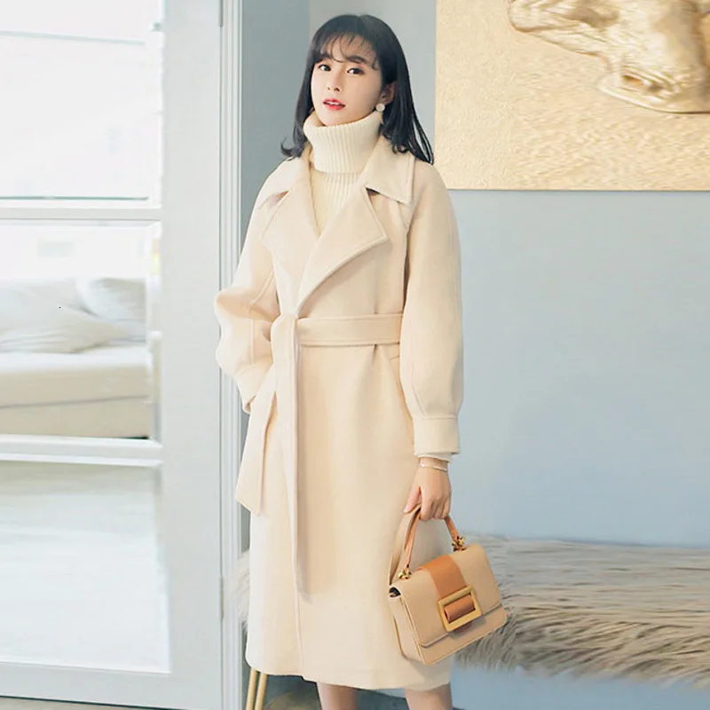 LANMREM зимнее новое шерстяное Женское пальто с длинным рукавом из шерсти и смесей длинное одноцветное свободное шерстяное пальто с поясом Женская верхняя одежда PA571