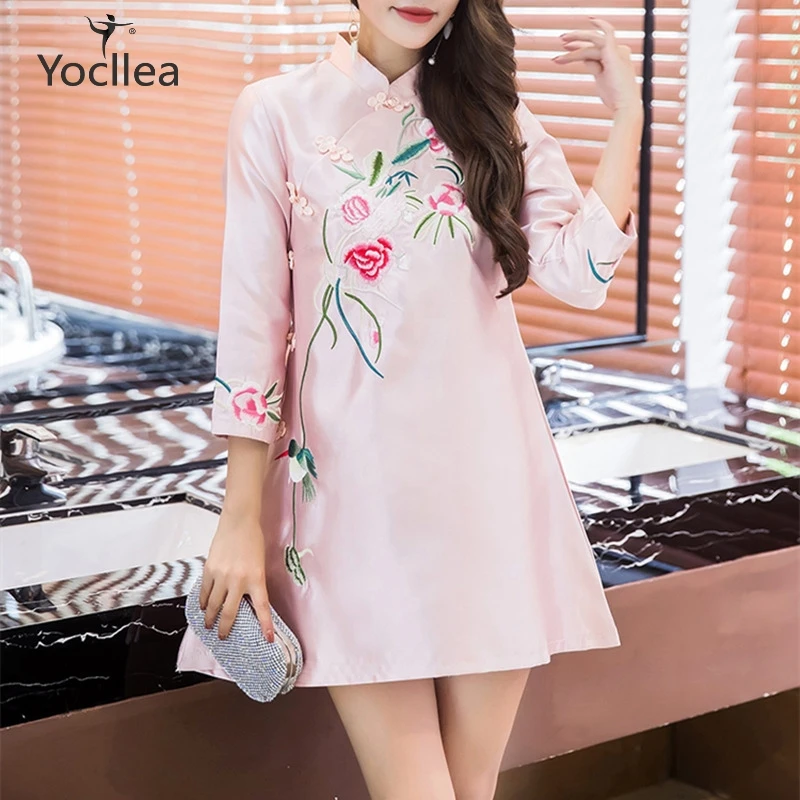 

Chinese Women Qipao Dresses Office Lady Fashion Embroidery A-Line Dress Women High Grade Cheongsams Mini dress Vestidos OL
