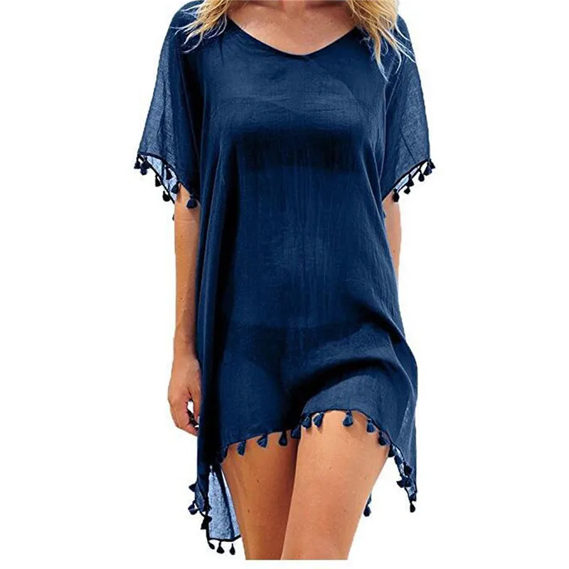 Summer Chiffon Tassels Beach Bikini Cover-up Women Dress Swimsuit Swimwear Bathing Suit Mini Loose Pareo Cover Ups long beach dresses Cover-Ups