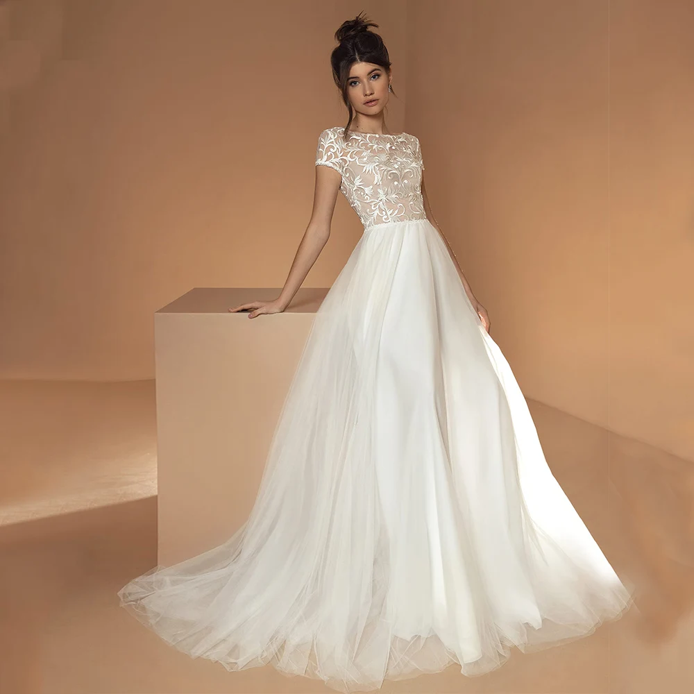 

Chiffon Wedding Dresses with Applique White Sweep Train Short Sleeve Button Floor-Length A-line Sheath Simple Bridal Gown Summer