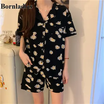 

Bornladies Black Daisy Printed Home Clothes Chic Sweet High Quality 2020 Retro Cute Sleepwear Stylish Vintage Pajamas Suits