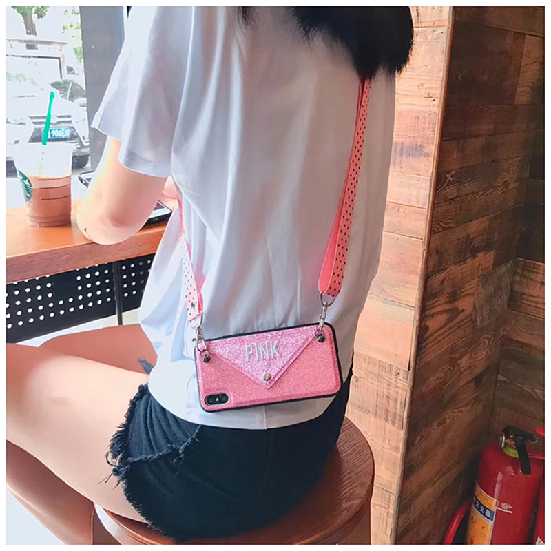 

Luxury Pink Victoria Secret Glitter Embroidery Leather Phone Case For iphone 7 Case Xs Max X 8 6 6sPlus Wave Point Lanyard Cover
