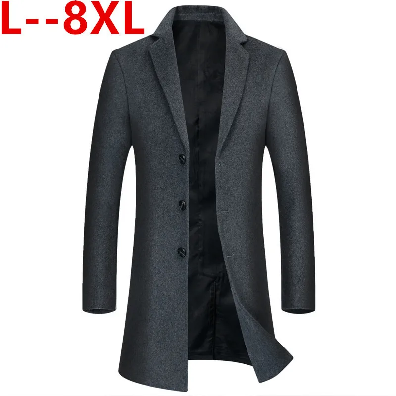 Большие размеры 8XL 6XL 5XL, мужское шерстяное пальто, зимний теплый однотонный длинный плащ, Мужской однобортный деловой Повседневный плащ, парка