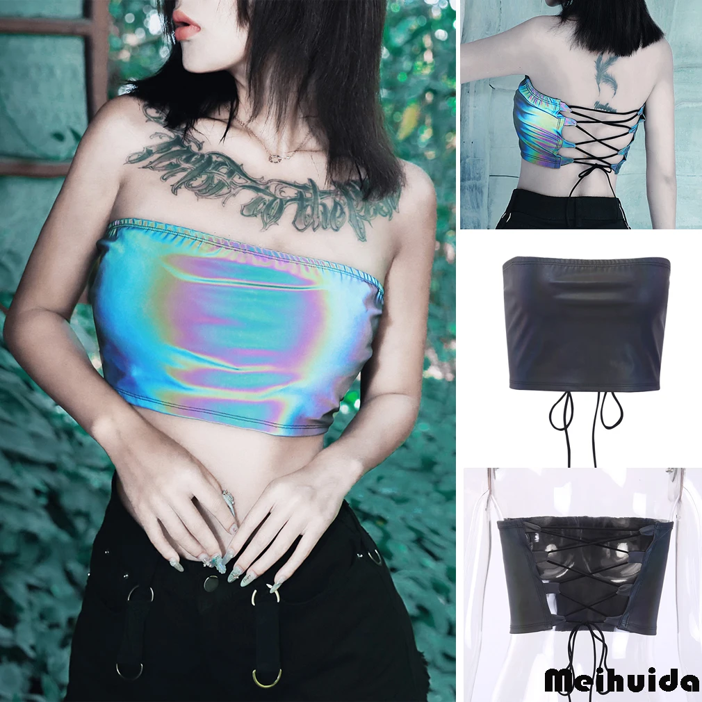 Модный женский безрукавный светоотражающий укороченный жилет с цветным принтом с открытой спиной лазерный Бюстгальтер Бюстье Cami укороченный топ топы