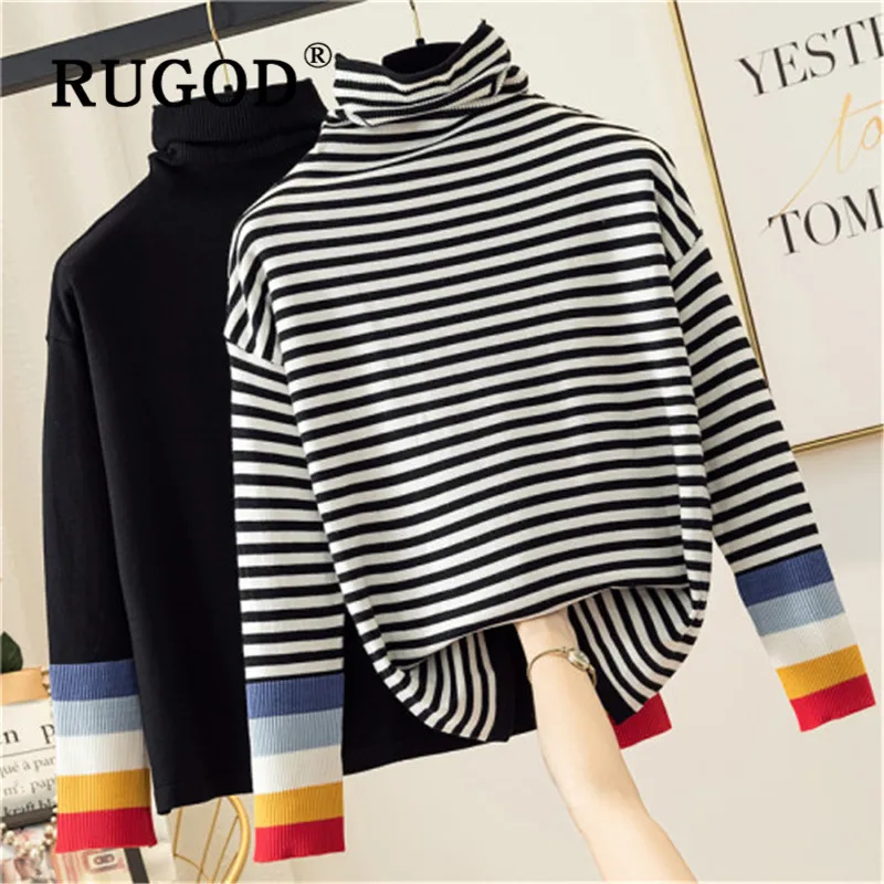 RUGOD Casual stripe patchwork knitted tops women Korean chic turtleneck knitted pullovers female new auturm oversized top