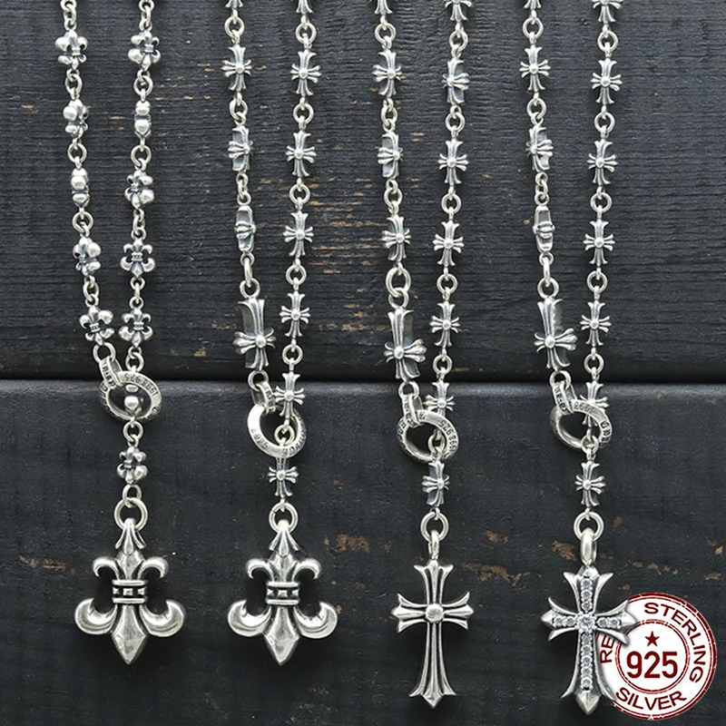 

100% S925 Silver Men's Leather Necklace Personality Fashion Classic Style Punk Hip-Hop Style Simple Cross Necklace 2018 New gift