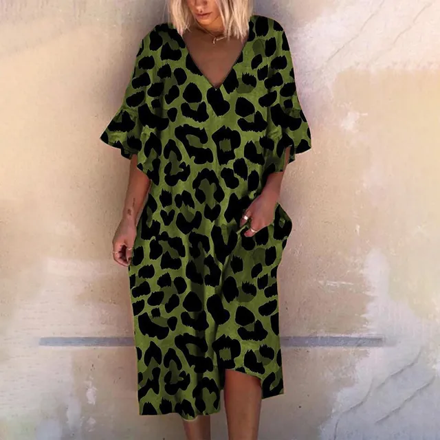 Temperament Retro Leopard Print Fashion Short Sleeve Dress High Waist Long Dress Lady Loose V-neck Printed Cotton Vestido Mujer 3