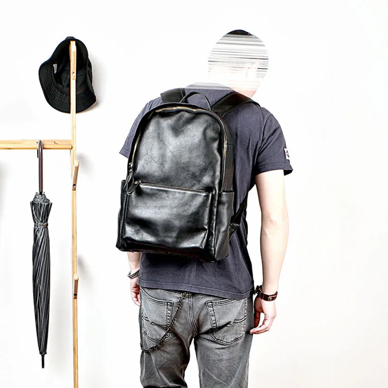 AETOO Leather men's backpack, men's leather casual shoulder bag, boys travel bag, simple computer bag