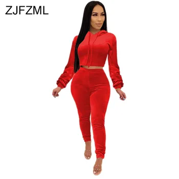 

Velvet Solid Ruched Casual Two Piece Female Tracksuit Drawstring Hooded Long Lantern Sleeve Crop Top + Package Hip Bandage Pants