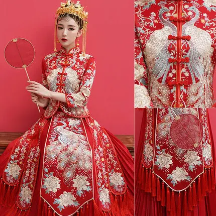 1 компл./лот в китайском стиле для женщин Мода Красный вышивка павлин cheongsam леди мода emroidery кисточкой cheongsam топ и юбка