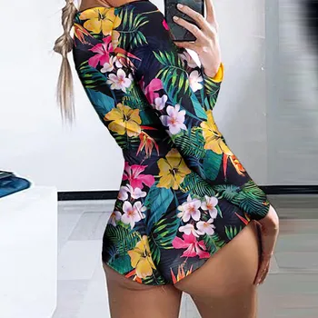 

Sleepwear Fashion Sexy Women Print Long Sleeve Nightwear Shorts Jumpsuit Sleepwear Tracksuit