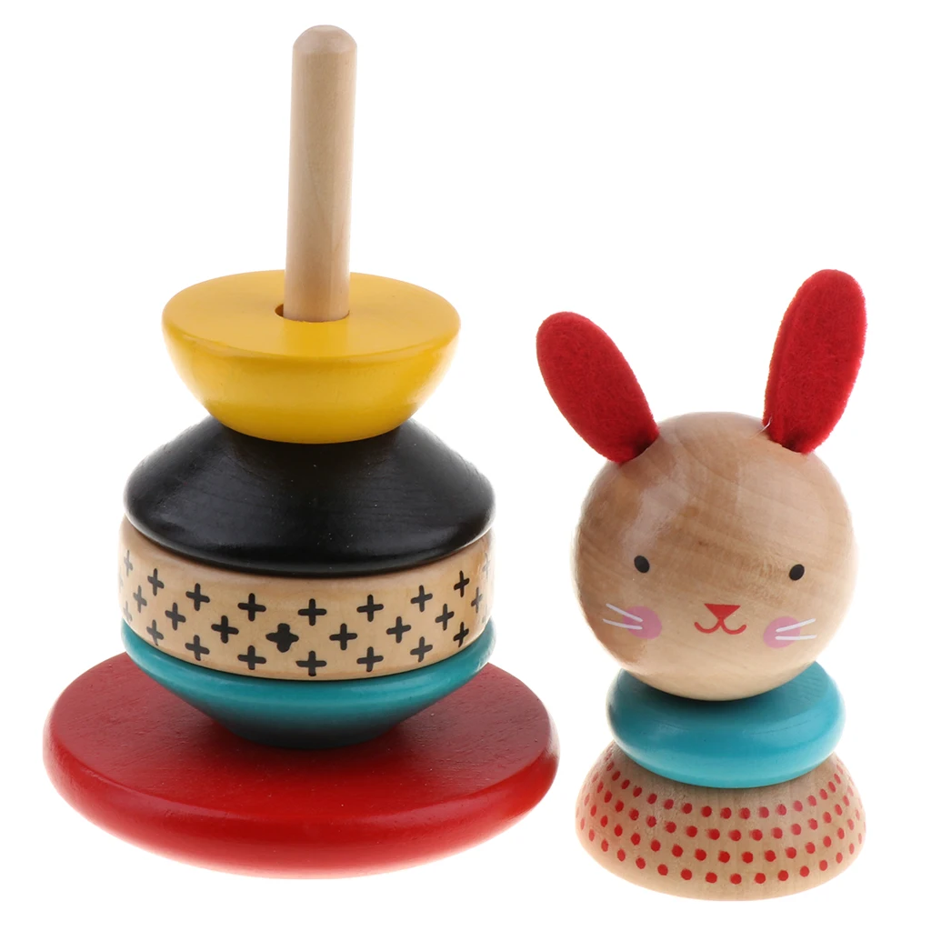 Wooden Blocks Toy for Kids Babies, Rainbow Tower Rabbit Tumbler Doll Roly-poly Baby Toy