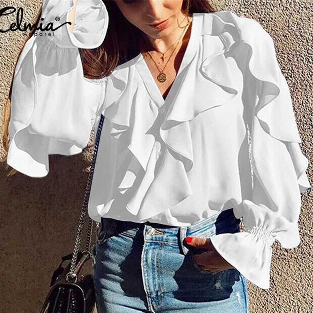 Women Blouse V-Neck Long Sleeve Casual Ruffles Solid Chiffon Blouse Top blusas mujer de moda 2019 womens tops and blouses NEW
