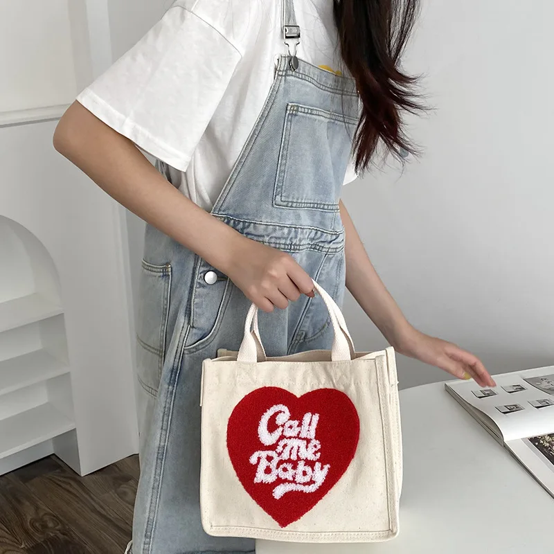 Lunch Bag Bento Bag Cooler Bag Heart Shape Canvas Picnic Tote Cotton Cloth Food Storage