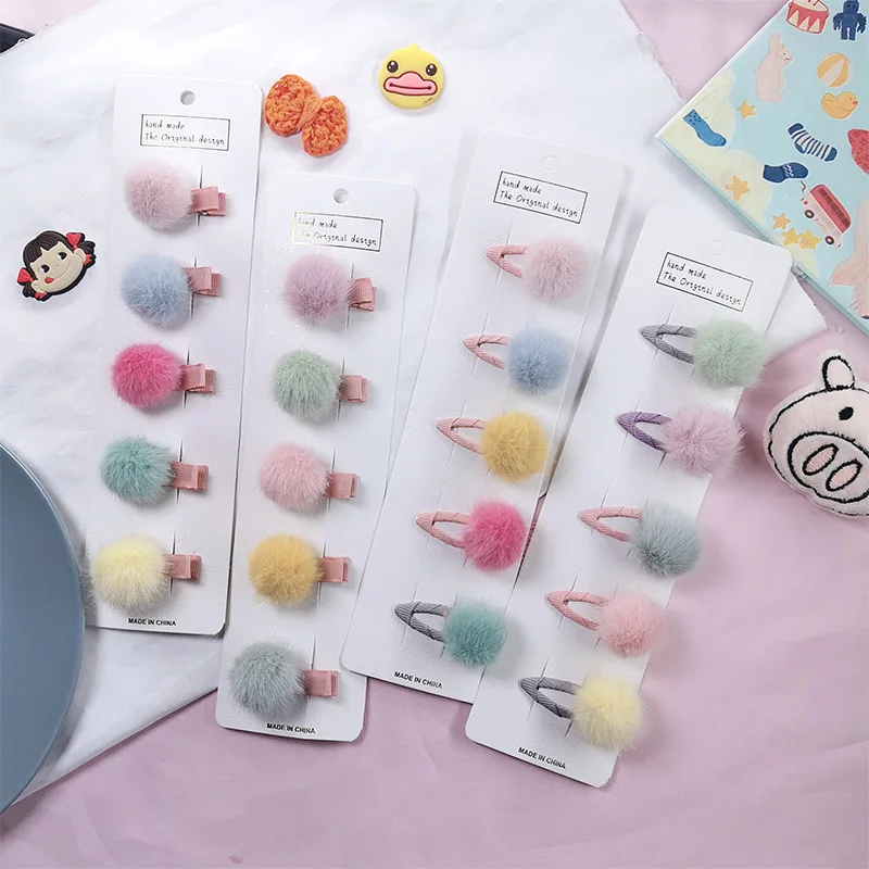 5 cs/lot Pompom dziecko spinki do włosów piękne Mini futro spinki Barrettes zestaw dla dziewczynek dzieci moda piłka Hairgrips akcesoria