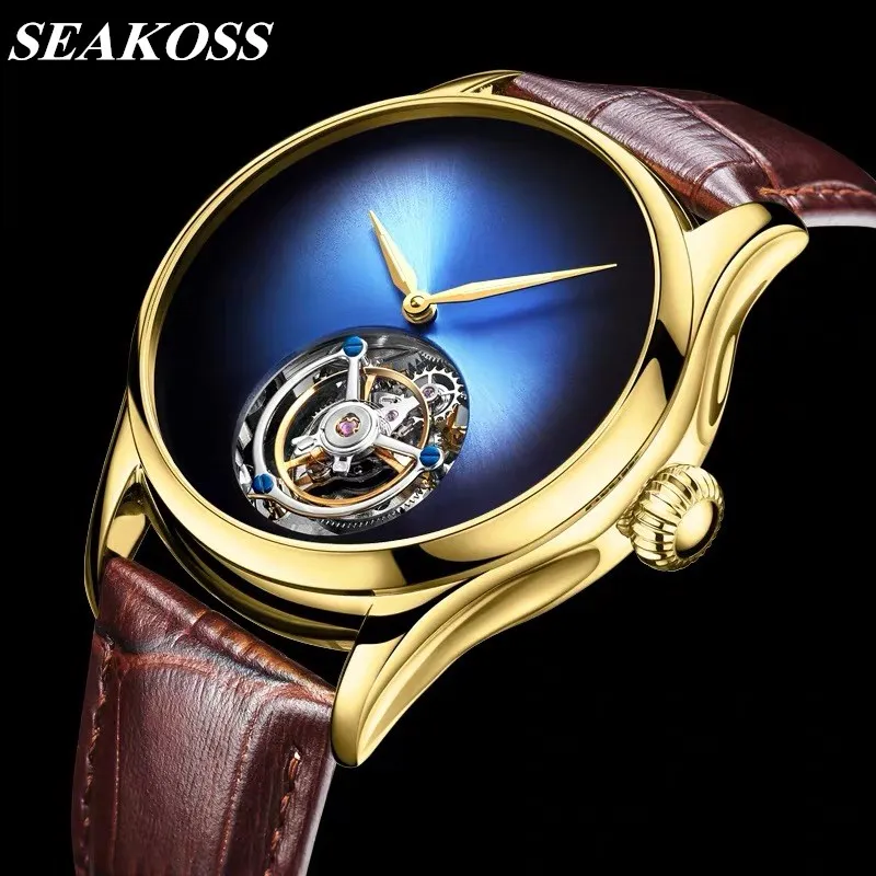 

High-End Luxury Men Skeleton Tourbillon Watch Sapphire Crystal Leopard Eye Gradient Dial Mens Tourbillon Mechanical Wristwatches