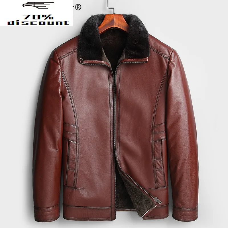 

Winter Genuine Leather Jacket Men 200% Cow Leather Coat Sheep Fur Lining Mink Fur Collar Shearling Jackets KL26806