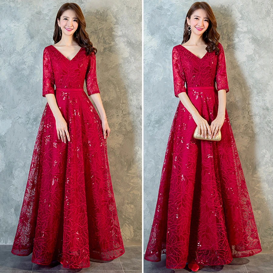 Vestido de festa longo, красное вино, половина рукава, новинка, открытая спина, v-образный вырез, вышивка, блестки, ткань, сексуальные длинные вечерние платья