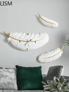 

Large Wall Clock Living Room Modern Design Nordic Light Luxury Feather Mural Stereo Silent Wall Clock Wooden Clock Horloge Mural