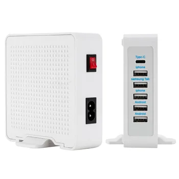 

SOONHUA Portable Type C USB Desktop Charger 6 Port 10A Fast Charging Wall Charger Station AC Power Adapter PC Fire Proof EU Plug