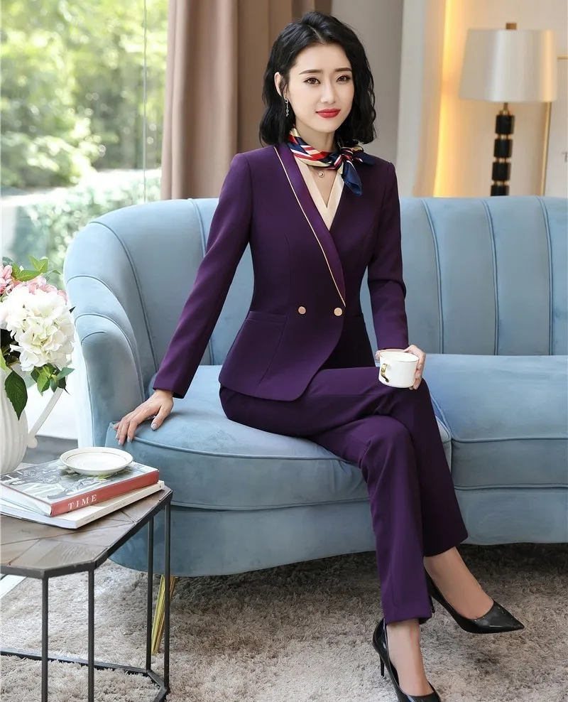 

Novelty Purple Formal Professional Business Suits With Pants and Jackets Coat for Women Business Work Wear Blazers Pantsuits